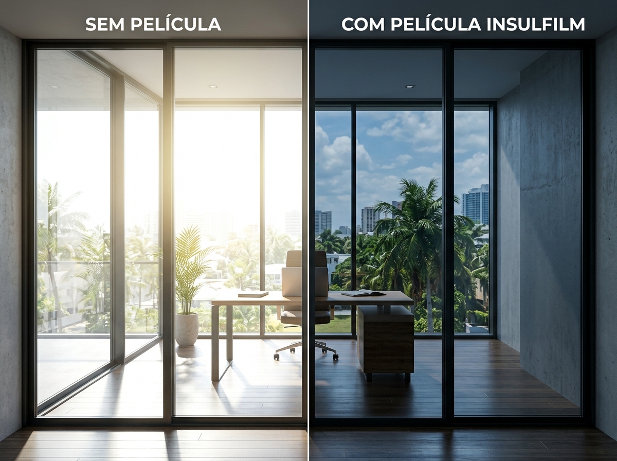 Antes e depois de vidro com película solar em residência e empresa